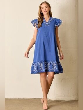 Boutique Blue Embroidered Flutter-Sleeve Dress